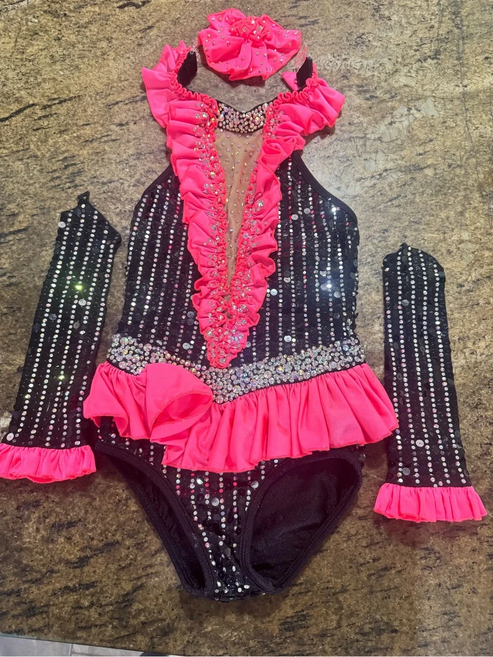 Girls Black and Coral Sequin Dance Costume